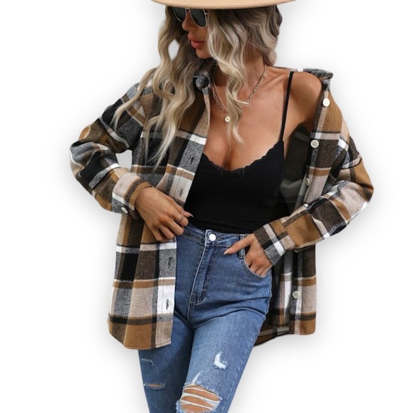 New Bohemian Casual Khaki Soft Collard Plaid Print Button Front Blouse Large - Picture 9 of 11